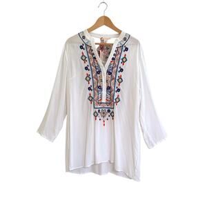 NWT FLAW Luna Moon Floral Embroidered Tunic Top Roll Tab Sleeve Size XL Boho